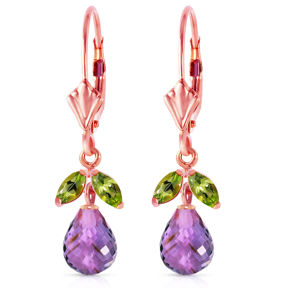 Galaxy Gold Products Jewelry - 14K. GOLD LEVERBACK EARRING WITH AMETHYSTS & PERIDOTS (Rose Gold)